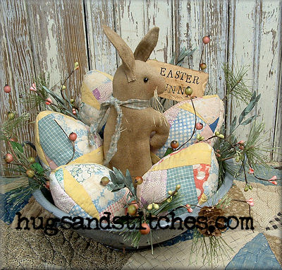 Bunny & Quilt Eggs In Old Tin Strainer