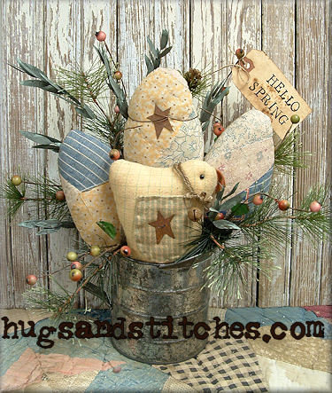 Chick & Quilt Eggs In Old Tin Measure Cup