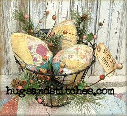 1032 - Old Yellow Quilt Eggs in Wire Basket