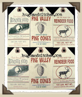 Hang Tags - Christmas Feedsacks Reindeer & Pine Cones-T054 (set of 6)