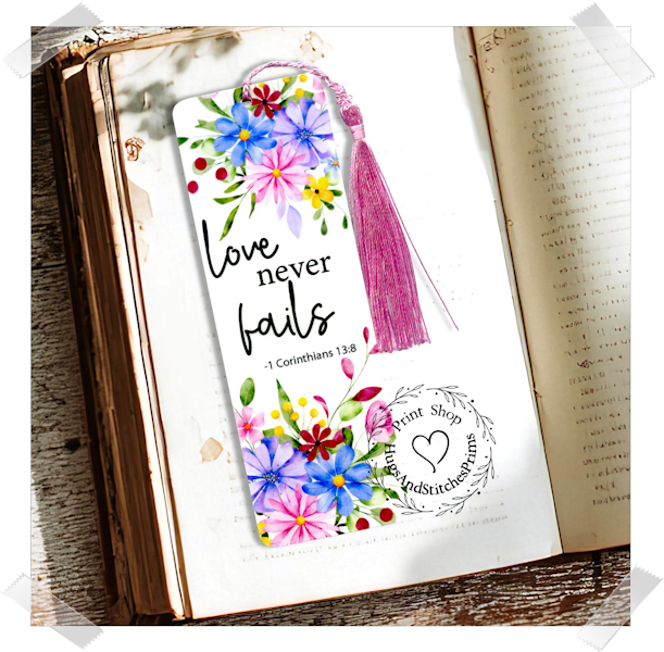 Love Never Fails Floral Bible Scripture Double Sided Laminated Bookmark BM6