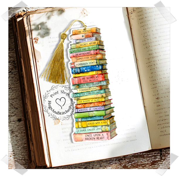 Romantic Book Lover Book Stack Double Sided Laminated Bookmark BM9
