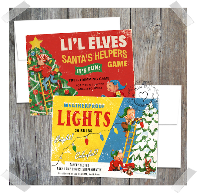 Christmas Lil Elves Santas Helpers Game & Tree lights Note Cards #C9
