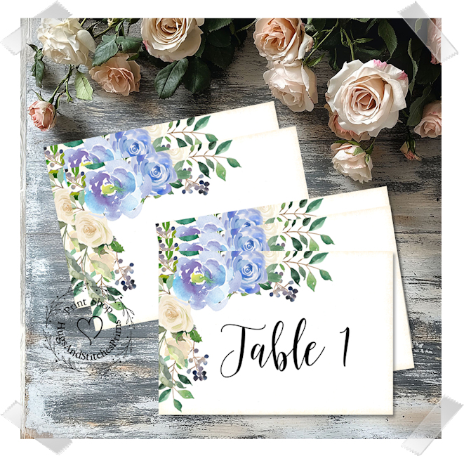 Blue Rose Floral Large Flat Table Card #120