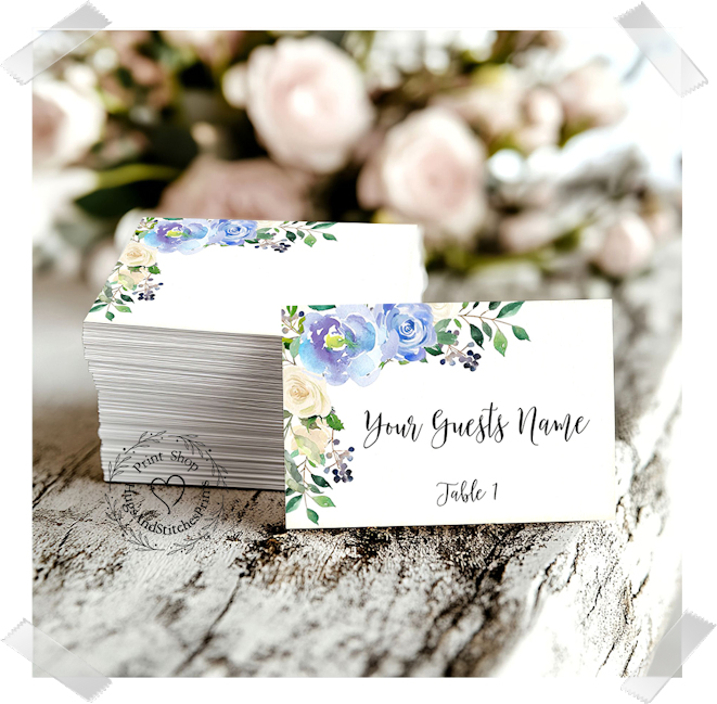 Blue Rose Floral Flat Place Card #120