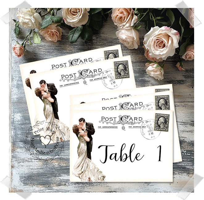 Bride & Groom Black Stamp Postcard Large Flat Table Card #188