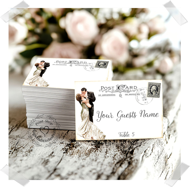 Bride & Groom Black Stamp Postcard Flat Place Card #188