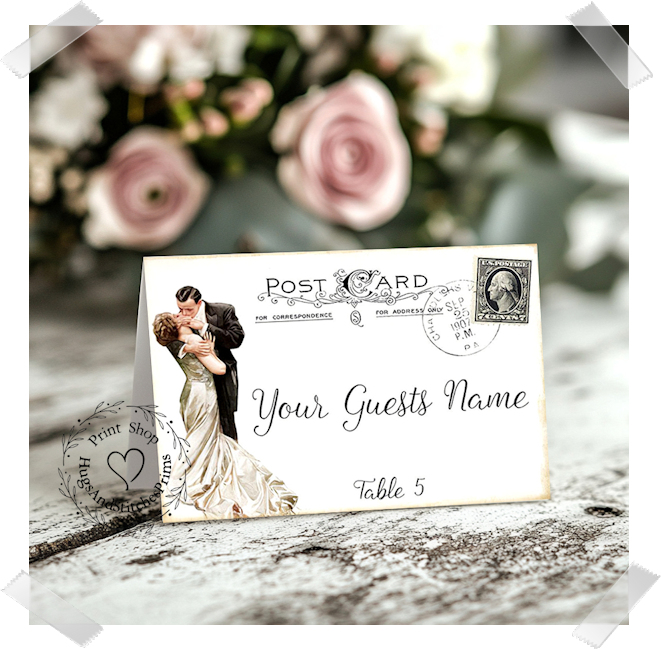 Bride & Groom Black Stamp Postcard Tent Place Card #188