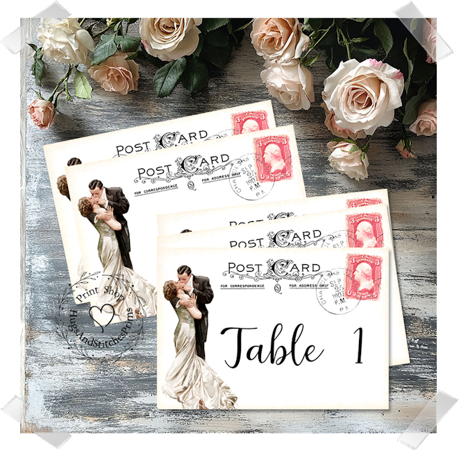 Bride & Groom Pink Stamp Postcard Large Flat Table Card #188