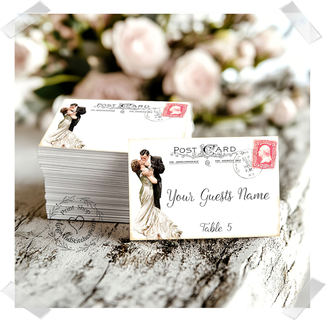 Bride & Groom Pink Stamp Postcard Flat Place Card #188