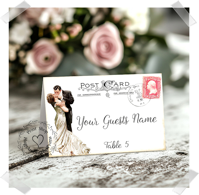 Bride & Groom Pink Stamp Postcard Tent Place Card #188