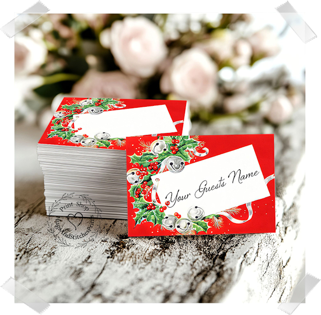 Jingle Bells & Holly Christmas Flat Place Card #194