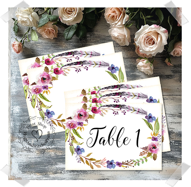 Boho Floral Feather Large Flat Table Card #216