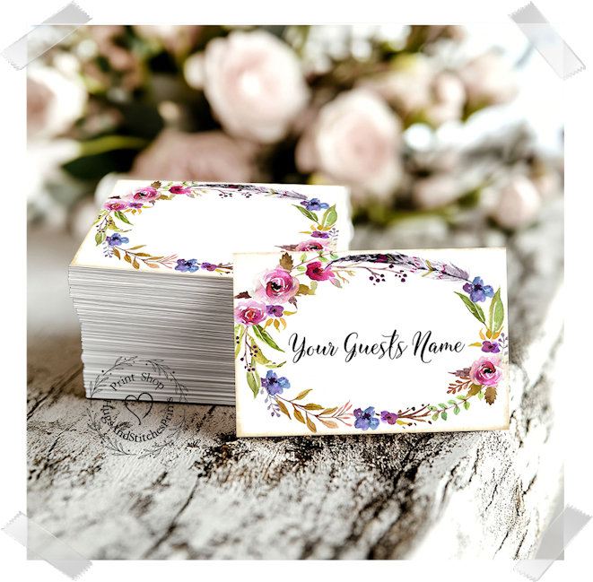 Boho Floral Feather Flat Place Card #216