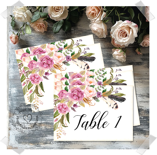 Boho Floral Feather Large Flat Table Card #244