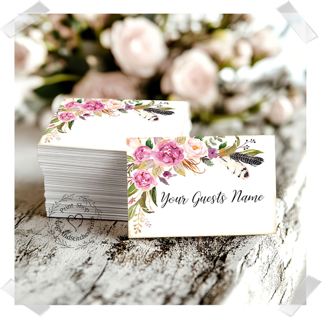 Boho Floral Feather Flat Place Card #244