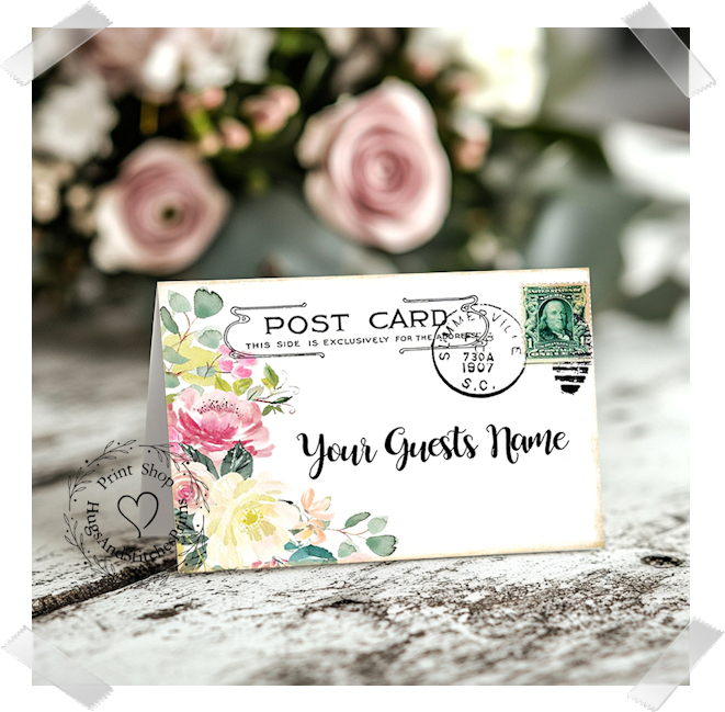 Pink & Yellow Rose Floral Postcard Tent Place Card #277