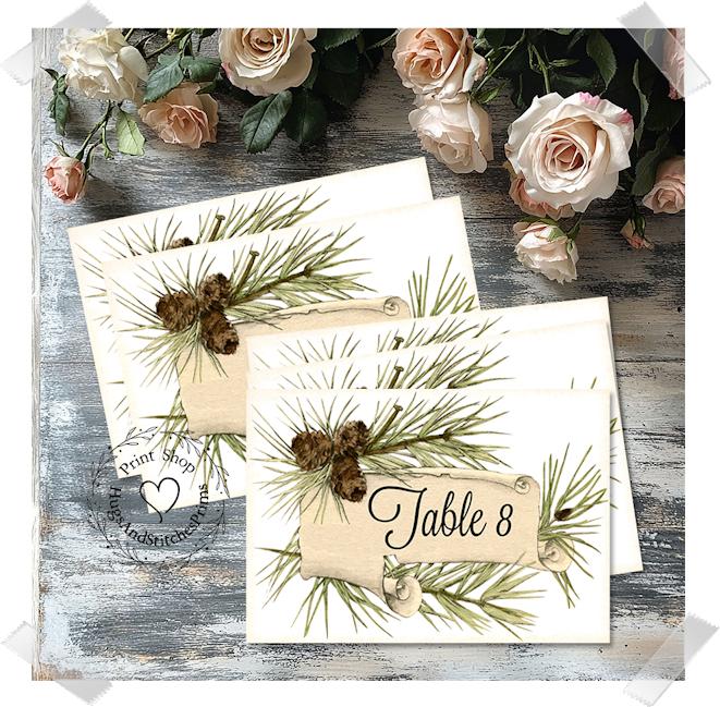 Rustic Woodsy Pine Branch Large Flat Table Card #348