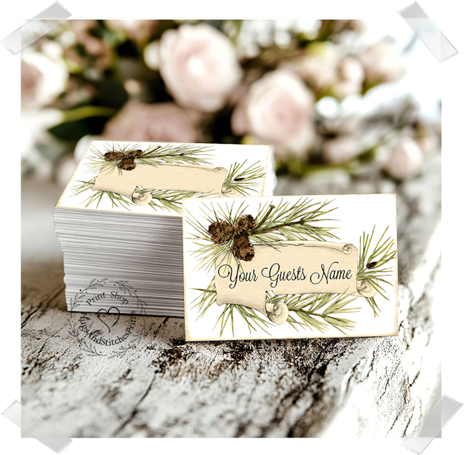 Rustic Woodsy Pine Branch Flat Place Card #348