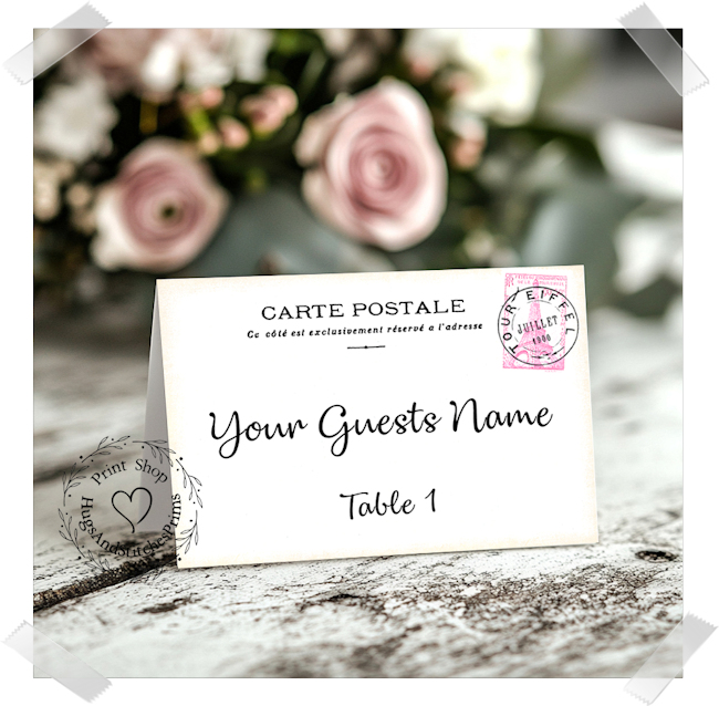 French Pink Stamp Postmark Postcard Tent Place Card #359