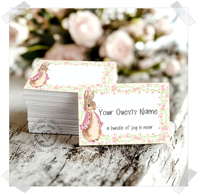 Pink Bunny Rabbit Baby Shower Birthday Flat Place Card #360