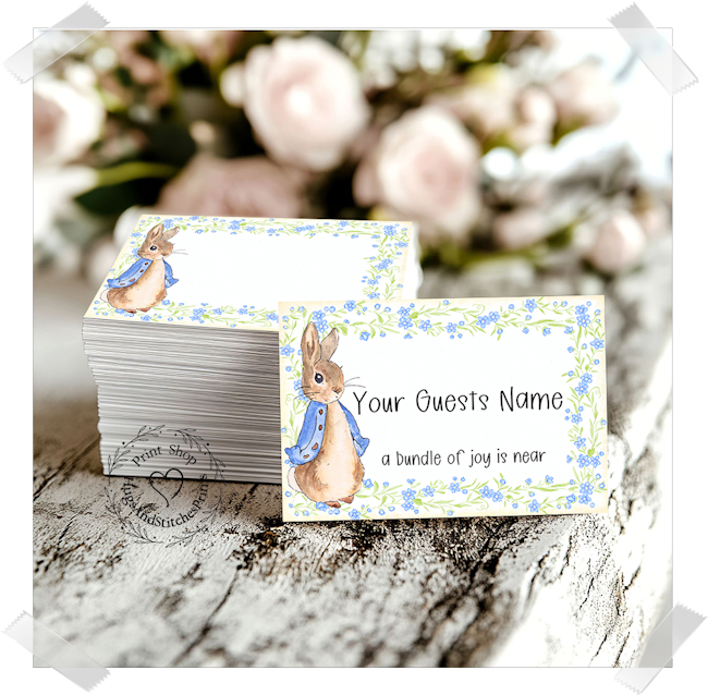 Blue Bunny Rabbit Baby Shower Birthday Flat Place Card #361