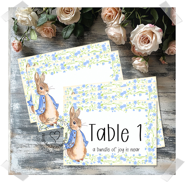 Blue Bunny Rabbit Baby Shower Birthday Large Flat Table Card #361