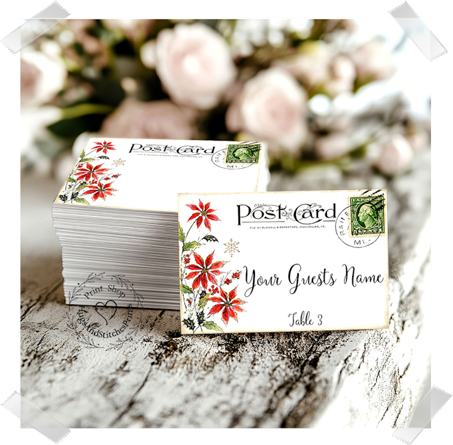 Red Poinsettia Postcard Christmas Flat Place Card #379