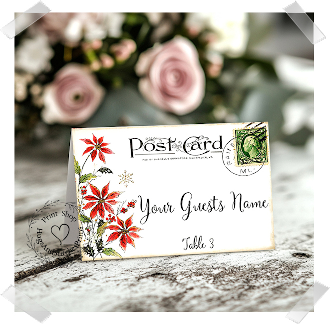 Red Poinsettia Postcard Christmas Tent Place Card #379