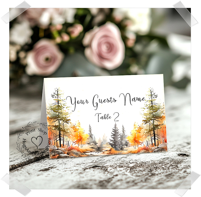 Autumn Fall Forest Trees Tent Place Card #388