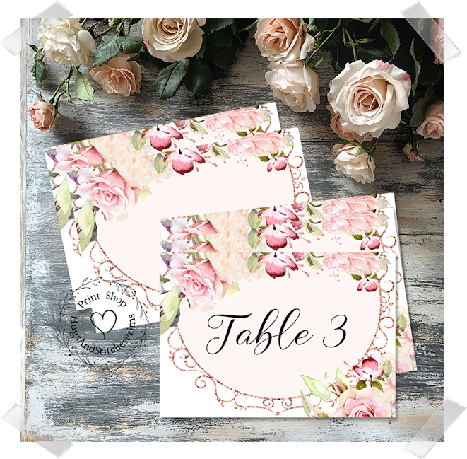Romantic Watercolor Pink Rose Floral Large Flat Table Card #439