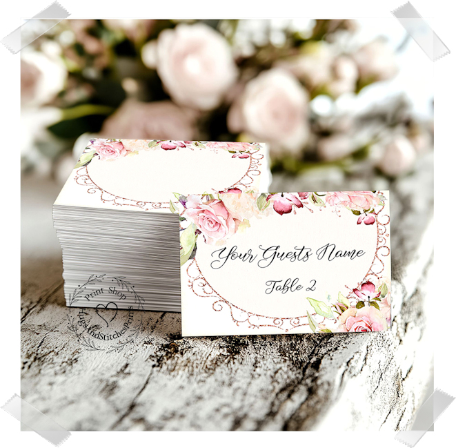 Romantic Pink Rose Floral Flat Place Card #439