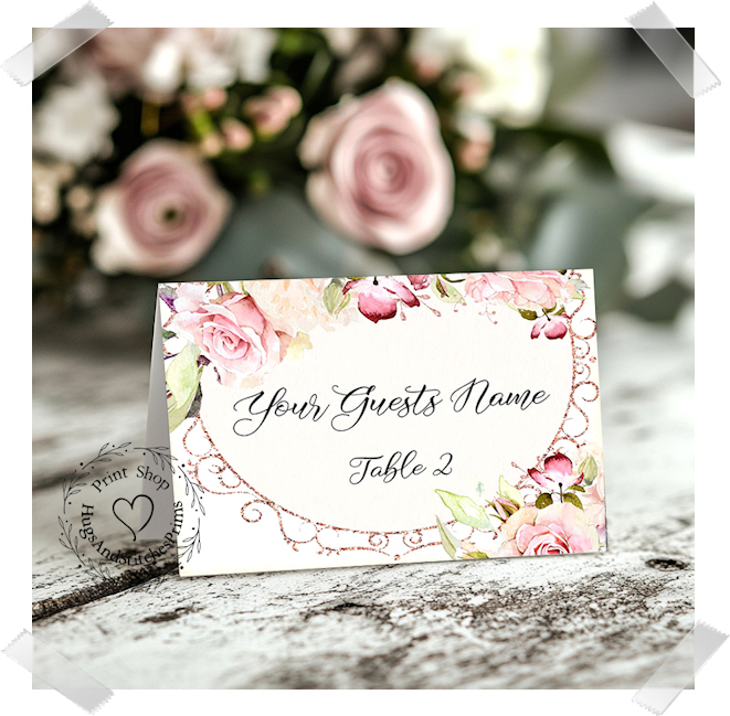 Romantic Watercolor Pink Rose Floral Tent Place Card #439
