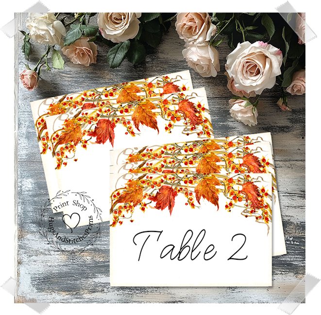 Fall Autumn Leaves & Berries Large Flat Table Card #452