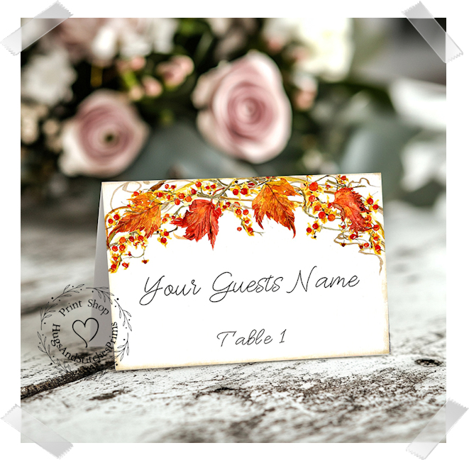 Fall Autumn Leaves & Berries Tent Place Card #452