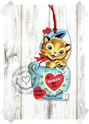 126 - Retro Kitty Cat in Sugar Bowl Hi Sugar Valentine Tags