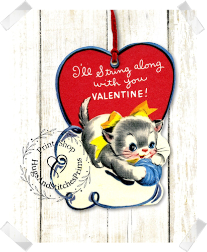 237 - Retro Kitty Cat Kitten With Yarn Ball Valentines Tags