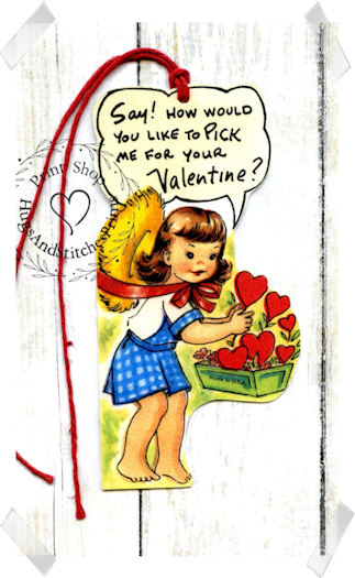 274 - Retro Girl with Heart Flowers Pick Me Valentines Tags