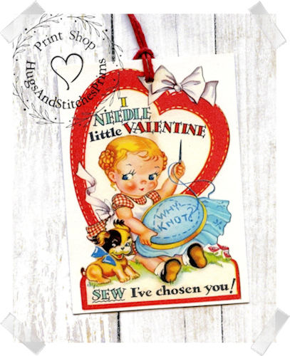 316 - Retro I Needle Little Girl Sewing Valentines Tags
