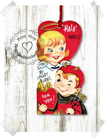 392 - Retro Halo Angel Devil With Pitch Fork Valentines Tags