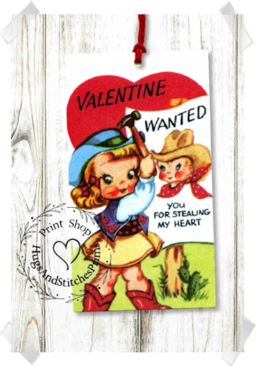 441 - Retro Cowgirl Wanted For Stealing My Heart Valentines Tags
