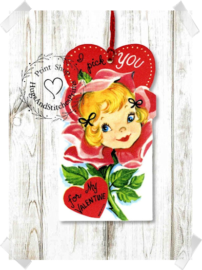 525 - Retro I Pick You Girl Rose Valentines Tags