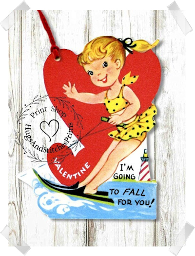 629 - Retro I'm Going To Fall For You Girl Water Skiing Valentines Tags