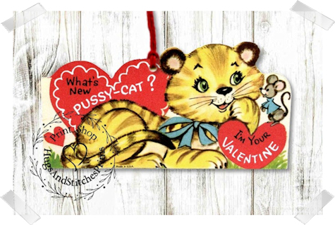 640 - Retro What's New Pussy Cat Mouse Valentines Tags