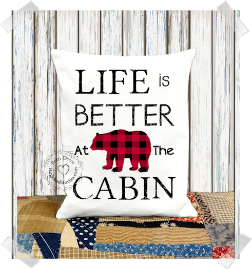 Life Is Better At The Cabin Red Check Bear Fabric Pillow #1109