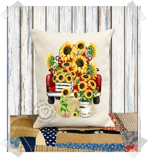 Summer Sunflower Filled Red Truck Fabric Pillow #1114