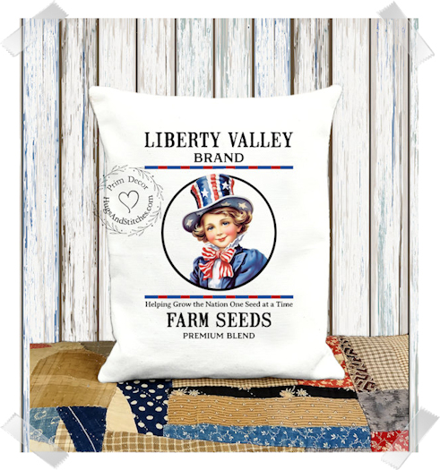 Liberty Valley Farm Seeds Patriotic Americana 4th Of July Fabric Pillow #1116