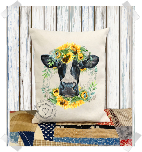 Cow Heifer Sunflowers Wreath Fabric Pillow #1118
