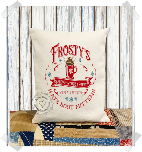 Frosty's Snowflake Cafe Christmas Fabric Pillow #1123