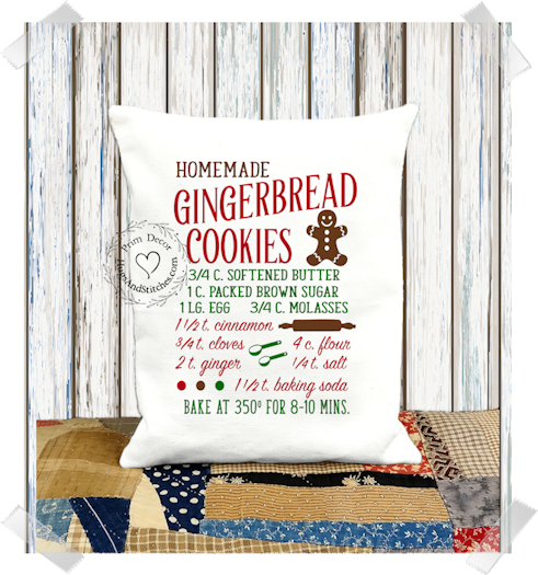 Gingerbread Cookies Baking Recipe Fabric Pillow #1143